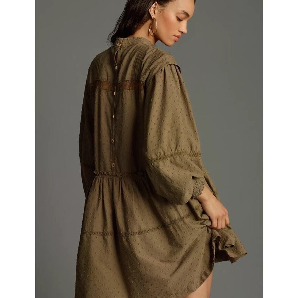 Anthropologie Babydoll Dress Large Balloon Sleeves Swiss Dot‎ Green Boho Cottage - Picture 9 of 16
